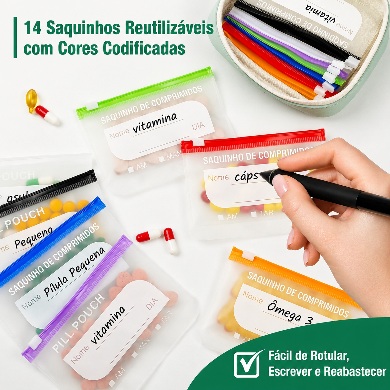 14 saquinhos reutilizáveis com cores codificadas para organizar remédios por dia